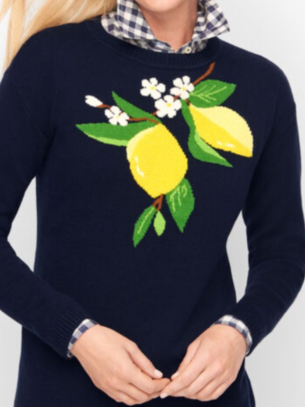 Talbots Fresh Lemon Navy Blue Intarsia Knit Cotton Blend Sweater Size M NWT